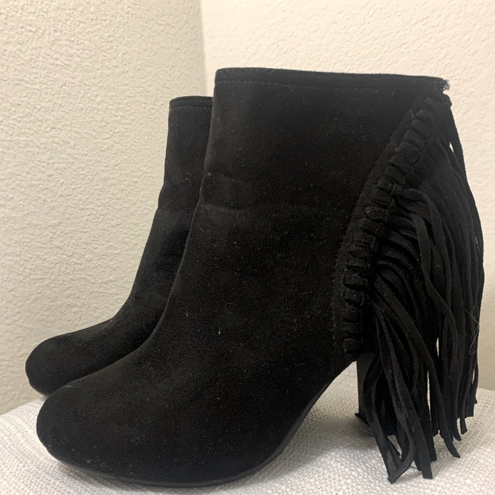 Black fringe booties. Size 6